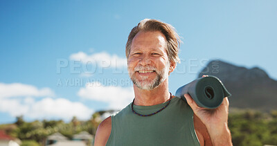 Buy stock photo Mature, man and yoga mat in nature with portrait, ready or start exercise for health, fresh air and fitness with smile. Male person, equipment and prepare for self care with holistic activity outdoor