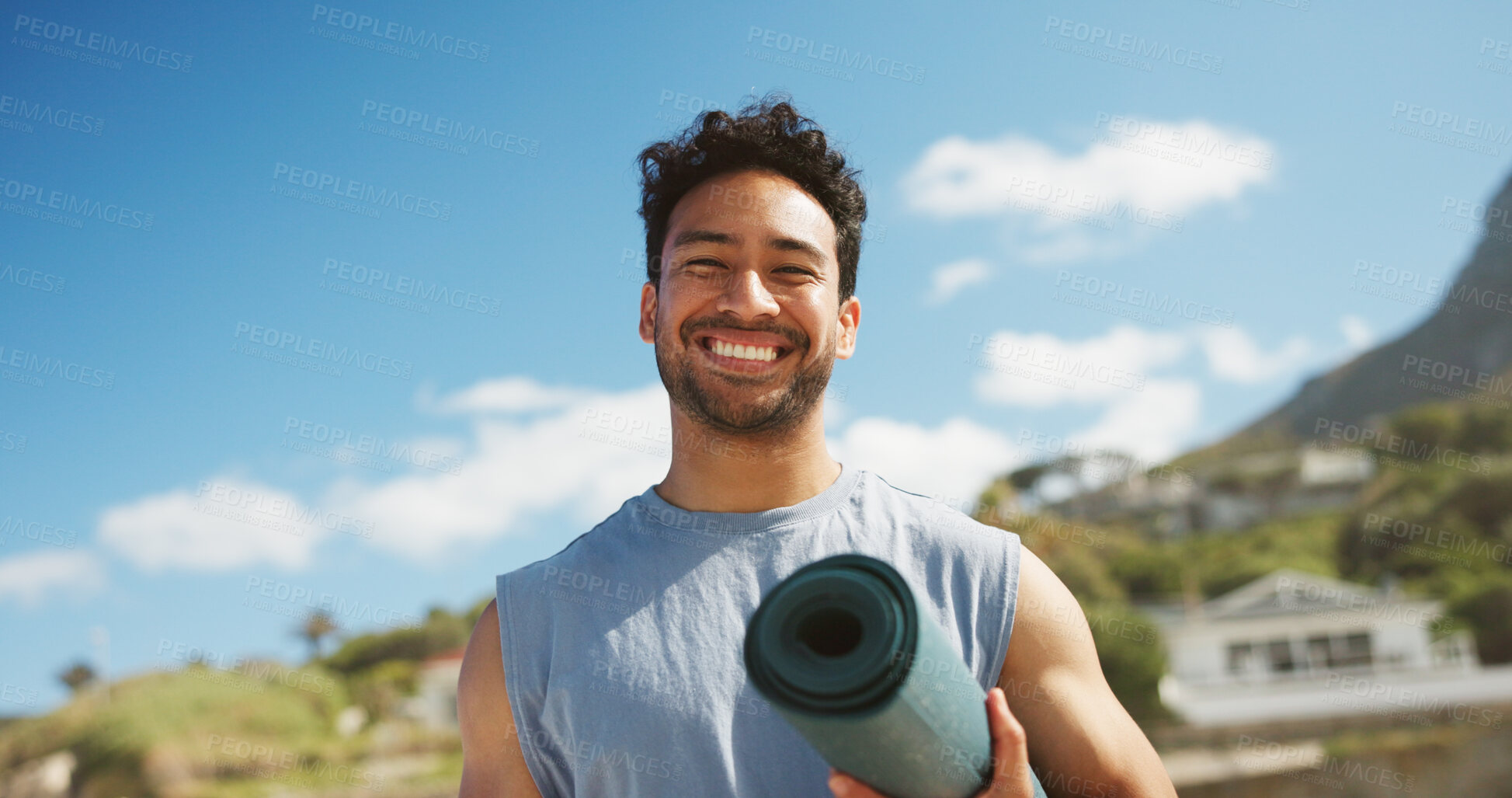 Buy stock photo Happy, man and yoga mat in nature with portrait, ready or start exercise for health, fresh air and fitness. Male person, equipment and prepare for self care with holistic activity outdoor with smile