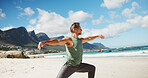 Yoga, calm or man at beach with meditation, mindfulness or performance in wellness activity. Peace, warrior pose or mature person outdoor with balance, zen or mindset improvement in holistic practice