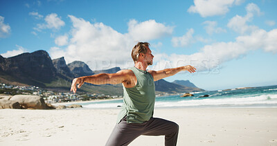 Buy stock photo Fitness, calm or man at beach with yoga, mindfulness or balance in wellness activity. Peace, coast or mature person outdoor with warrior pose, zen or mobility improvement in holistic practice.