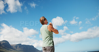 Buy stock photo Meditation, back and yoga with man outdoor for mindfulness, spiritual balance and health. Chakra, mudra and self care with low angle of person in nature for holistic wellness, healing and peace
