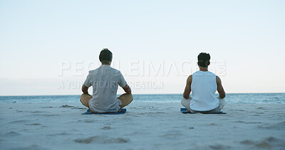 Buy stock photo Outdoor, men and meditation for wellness, zen and mindfulness with routine for mental health or back. People, space and spiritual awareness in nature, stress relief and inner peace on break and yoga