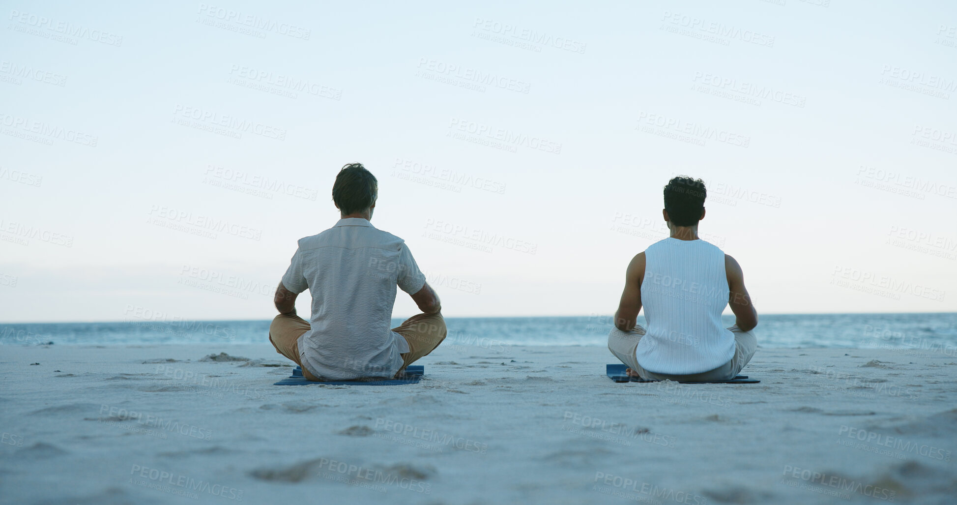 Buy stock photo Outdoor, men and meditation for wellness, zen and mindfulness with routine for mental health or back. People, space and spiritual awareness in nature, stress relief and inner peace on break and yoga