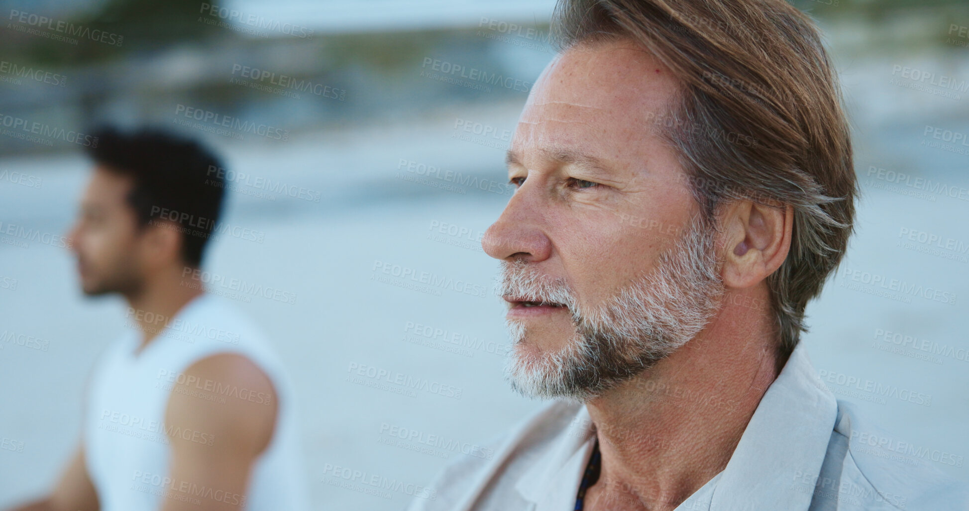 Buy stock photo Men, break and meditation for mindfulness, beach and routine for peace, breathing and stress relief. Outdoor, fresh air and people with spiritual awareness in nature, calm and inhale for wellness