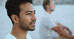 Outdoor, men and meditation for wellness, thinking and mindfulness with routine, self relief or calm. People, together and spiritual awareness in nature, zen and inner peace on break or mental health