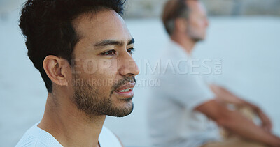 Buy stock photo Outdoor, men and meditation for wellness, thinking and mindfulness with routine, self relief or calm. People, together and spiritual awareness in nature, zen and inner peace on break or mental health