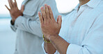 Zen, prayer hands and yoga outdoor with meditation, peaceful moment and mantra for spiritual healing. Calm, people and mindfulness with mudra, namaste pose and chakra alignment for holistic health.