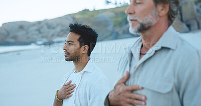 Buy stock photo Calm, men and meditation for inner peace, beach and routine for mental health, breathing and outdoor. People, inhale and spiritual awareness in nature, stress relief and space on break or healing