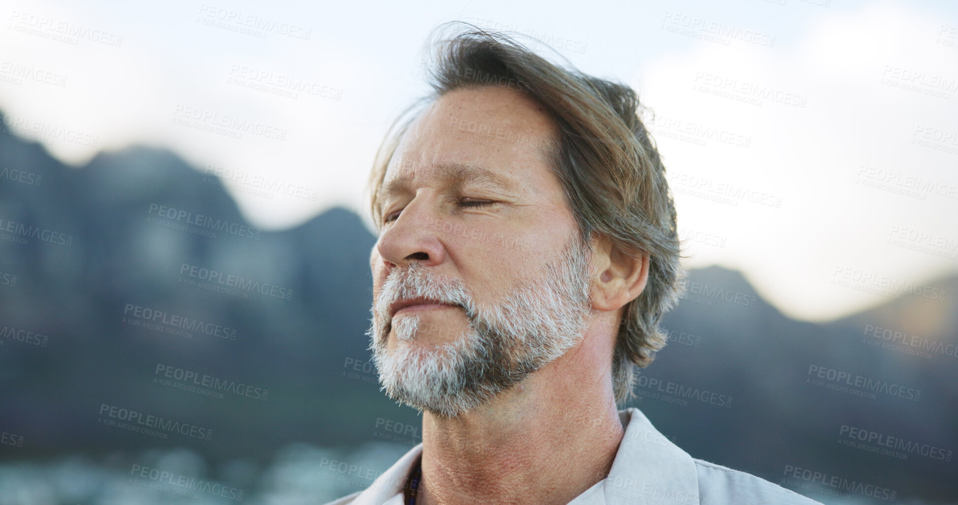 Buy stock photo Mature man, breathe and yoga outdoor with meditation, spiritual healing and mindfulness. Male person, reiki and fitness with chakra, holistic balance and inhale exercise with fresh air for wellness