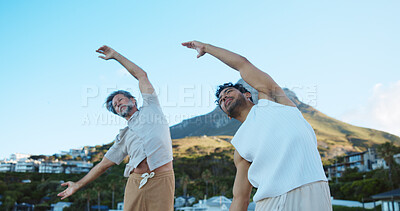 Buy stock photo Beach, stretching and men with vacation, fitness and nature with breathing, support and instructor. Personal trainer, outdoor and people with routine, hobby and wellness with exercise and training