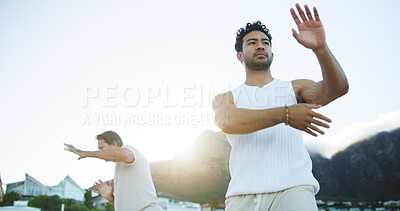 Buy stock photo Men, tai chi and martial art with coach for spiritual healing, zen or wellness in nature. Male people, mentor or reiki with practice in motion, movement or flare for channeling body energy or balance