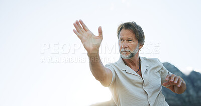 Buy stock photo Mature man, tai chi and martial art with space for spiritual healing, zen or wellness in nature. Male person, reiki or chakra with practice in motion or movement for channeling body energy or balance