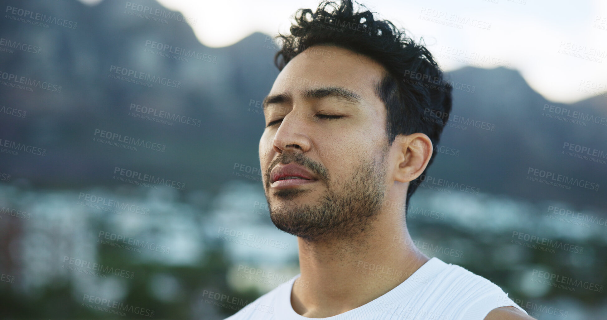 Buy stock photo Man, breathing and yoga outdoor with meditation, spiritual healing and mindset. Male person, reiki and morning fitness of wellness, holistic balance and inhale exercise with fresh air for inner peace
