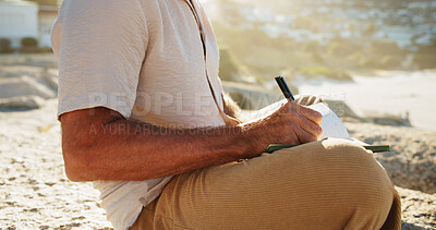 Buy stock photo Hands, man outdoor and writing with diary, personal development plan and goal setting for inspiration. Daily reflection, notes and person with journal, mindfulness and insight for self improvement.