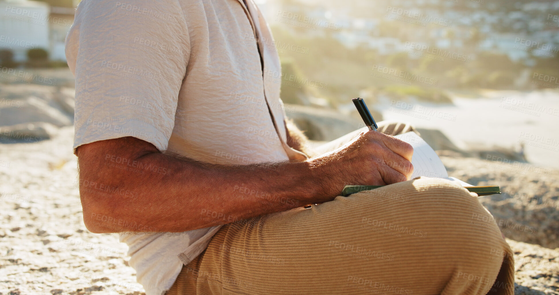 Buy stock photo Hands, man outdoor and writing with diary, personal development plan and goal setting for inspiration. Daily reflection, notes and person with journal, mindfulness and insight for self improvement.