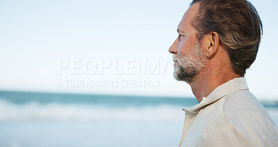 Buy stock photo Beach, thinking and man with view, travel and calm with vacation, weekend break and zen. Ocean, waves and mature person with mockup space, morning and decision with wonder, tropical island or peace