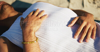 Buy stock photo Hands, man and breathing for yoga outdoor with meditation, spiritual healing and mindfulness. Above, male person and reiki for fitness, holistic balance and inhale exercise for inner peace at beach