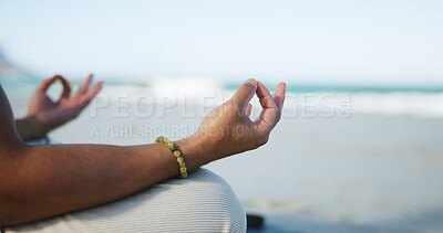 Buy stock photo Zen, hands and yoga at beach with meditation, spiritual awareness and peaceful moment for wellness. Space, person and mindfulness at ocean with lotus pose, gratitude and chakra alignment for healing.