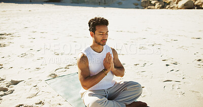 Buy stock photo Outdoor, mindfulness and man with mat for calm, holistic practice and spiritual healing activity for wellness. Prayer hands, meditation and person with awareness exercise, stress relief and nature