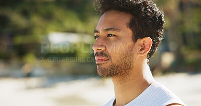 Buy stock photo Beach, thinking and man with view, calm and tropical island with vacation, weekend break and zen. Ocean, nature or person with reflection, morning or decision with wonder, space or peace in Indonesia