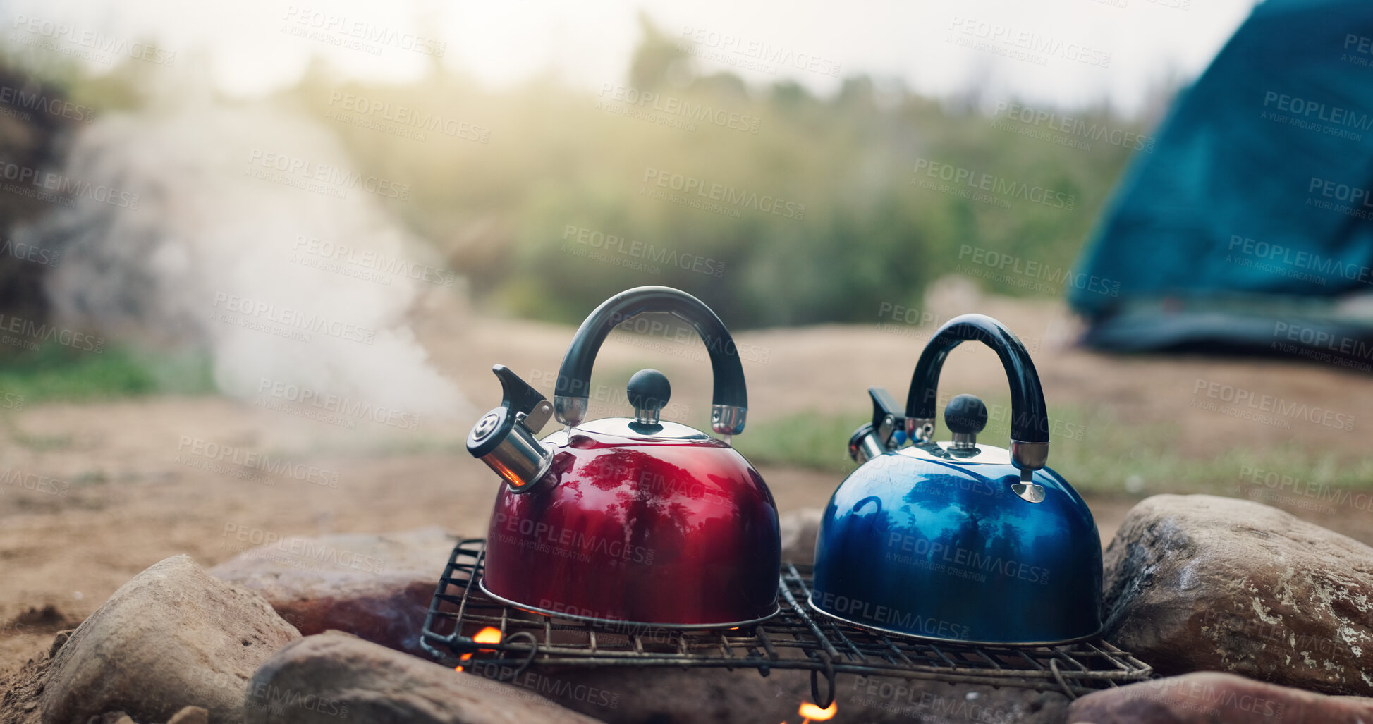 Buy stock photo Camping, steam and kettle on campfire outdoor for boiling water, hot beverage and travel efficiency. Holiday adventure, fire and pots with vapor in nature for cooking process and weekend vacation