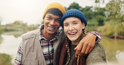 Buy stock photo Travel, selfie and portrait of couple in nature for adventure, social media post and hiking explorer. Vacation photography, trekking vlogger and lake destination with people outdoor for honeymoon