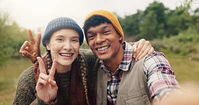 Buy stock photo Peace sign, selfie and smile with couple in nature for adventure, social media post and hiking explorer. Vacation photography, trekking vlogger and lake destination with people outdoor for honeymoon
