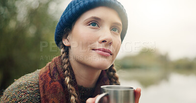 Buy stock photo Camping, thinking and woman with coffee, relax and morning with contemplation. Winter, espresso and person in forest, cosy and caffeine to start day, sustainable travel and adventure with reflection