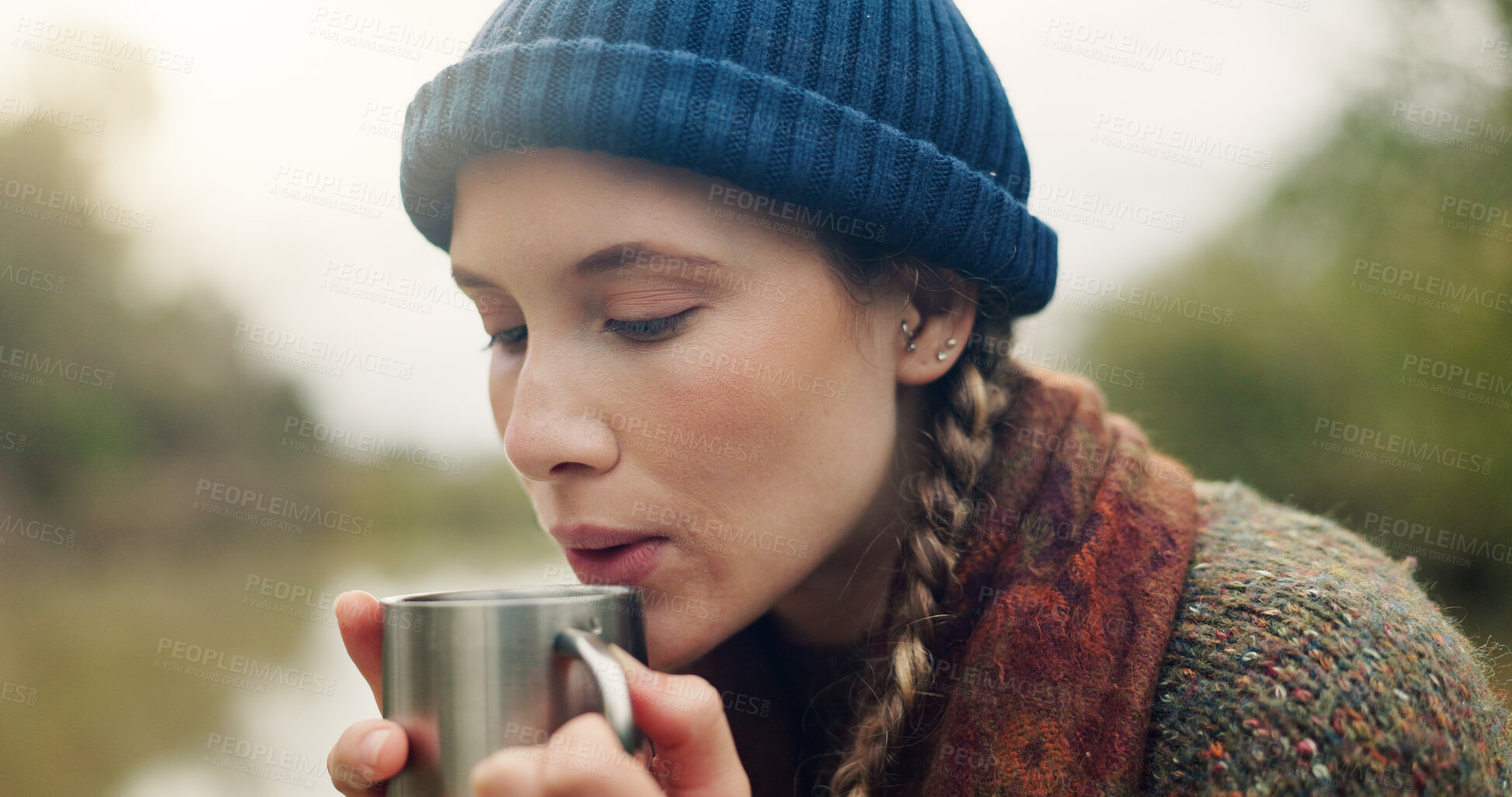 Buy stock photo Coffee, relax and woman in nature in winter on camping trip with calm, drinking and mindfulness. Morning, travel and female person with warm beverage on vacation, getaway or holiday in forest.