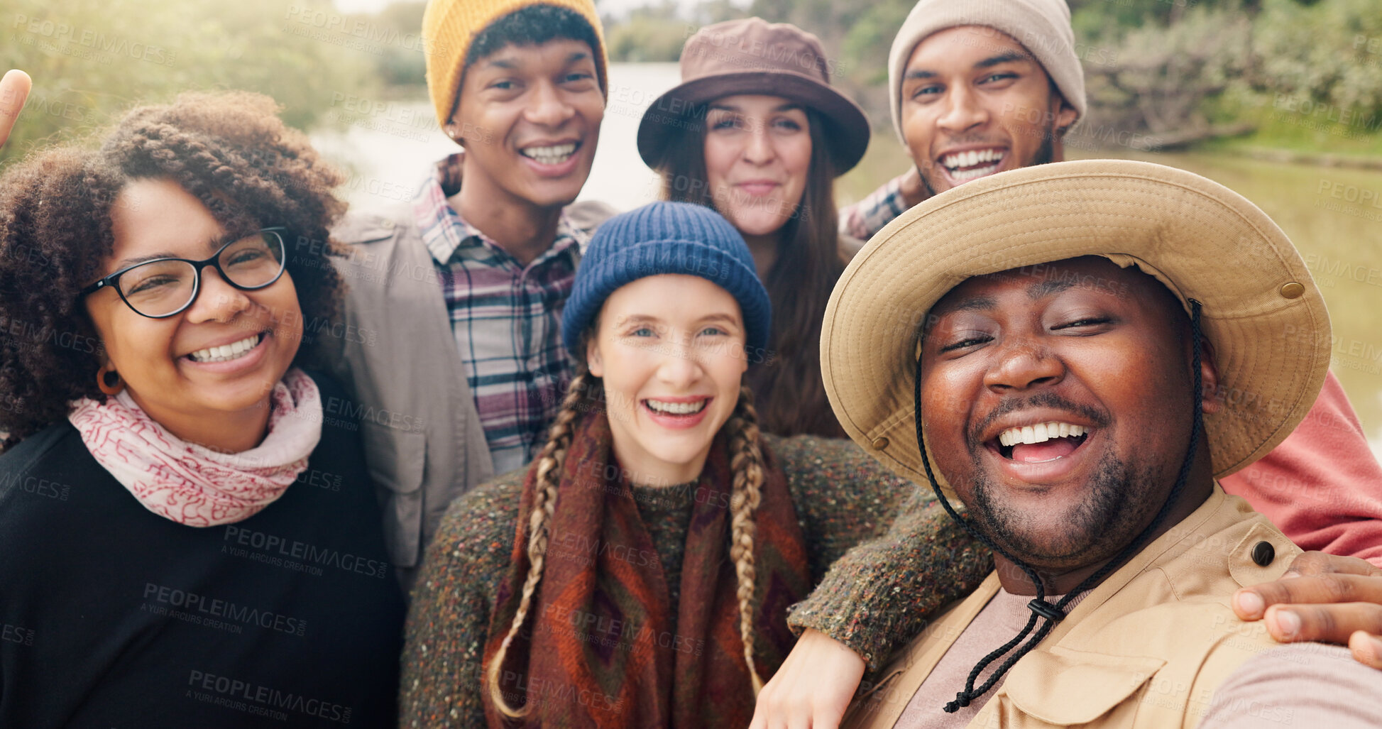 Buy stock photo Travel, smile and selfie with friends in nature for adventure, social media post and hiking explorer. Vacation photography, trekking vlogger and portrait with people outdoor for profile picture