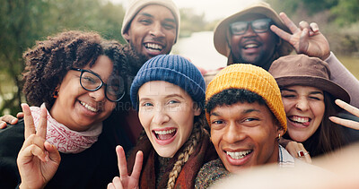 Buy stock photo Travel, peace sign and selfie with friends in nature for adventure, social media post and hiking explorer. Vacation photography, trekking vlogger and smile with portrait of people for profile picture