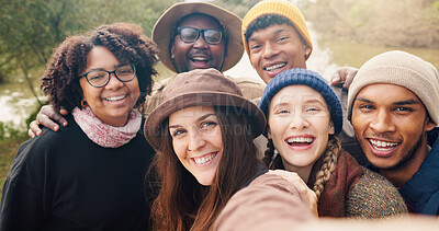 Buy stock photo Travel, happy and selfie with friends in nature for adventure, social media post and hiking explorer. Vacation photography, trekking vlogger and smile with people outdoor for profile picture