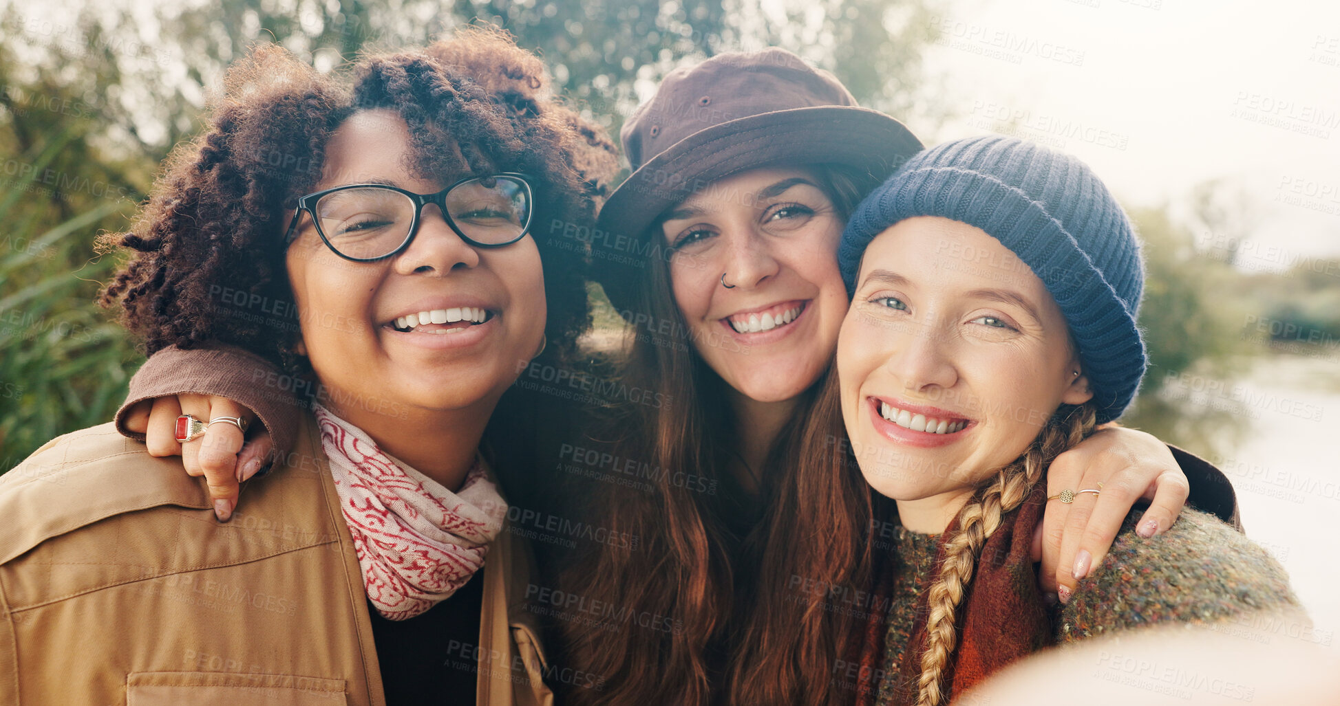 Buy stock photo Travel, happy and selfie with women in nature for adventure, social media post and hiking group. Vacation photography, trekking vlogger and smile with people outdoor for profile picture of friends