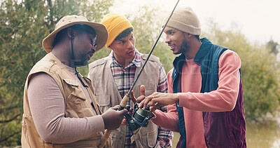 Buy stock photo People, friends and rod for fishing outdoor with instructions, casting technique and adventure. Men, talk and explain equipment with fisherman tips, reel guidance and weekend hobby for vacation trip