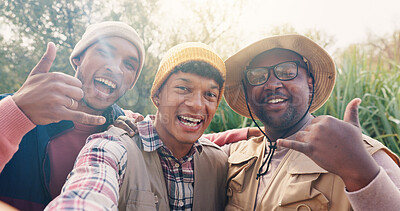Buy stock photo Travel, shaka sign and selfie with friends in nature for adventure, social media post and hiking explorer. Vacation photography, trekking vlogger and smile with people outdoor for profile picture