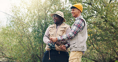 Buy stock photo Smile, people and rod for fishing outdoor with support, casting technique and adventure. Happy, friends and help fisherman with carp equipment, reel guidance and weekend hobby for vacation in nature