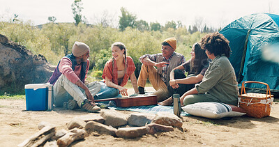 Buy stock photo Camping, friends and people in forest, conversation and bonding together with weekend break. Group, women and men in woods, discussion or vacation with getaway trip, relax and campfire with adventure