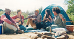 Camping, friends and woman with guitar, outdoor and playing song on adventure and bonding in nature. Forest, music and people with instrument on vacation, happy and fun on campsite, break or trip