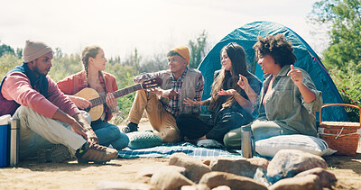 Buy stock photo Camping, friends and woman with guitar, outdoor and playing song on adventure and bonding in nature. Forest, music and people with instrument on vacation, happy and fun on campsite, break or trip