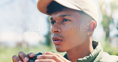 Buy stock photo Travel, hiking and man with binocular outdoor for sightseeing, search direction and explore path. Holiday adventure, hiker and check view in nature for backpacking, weekend trip or weather monitoring