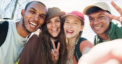 Buy stock photo Peace sign, hiking and selfie of friends in nature for adventure, social media post and portrait. Vacation photography, trekking vlogger and low angle of people for profile picture and holiday