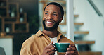 Coffee, happy and black man in office with thinking for creative project with publishing. Smile, ideas and African male magazine editor with warm beverage with brainstorming for article assignment.