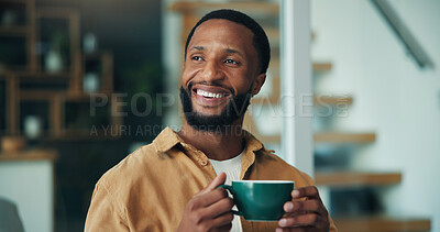 Buy stock photo Coffee, happy and black man in office with thinking for creative project with publishing. Smile, ideas and African male magazine editor with warm beverage with brainstorming for article assignment.