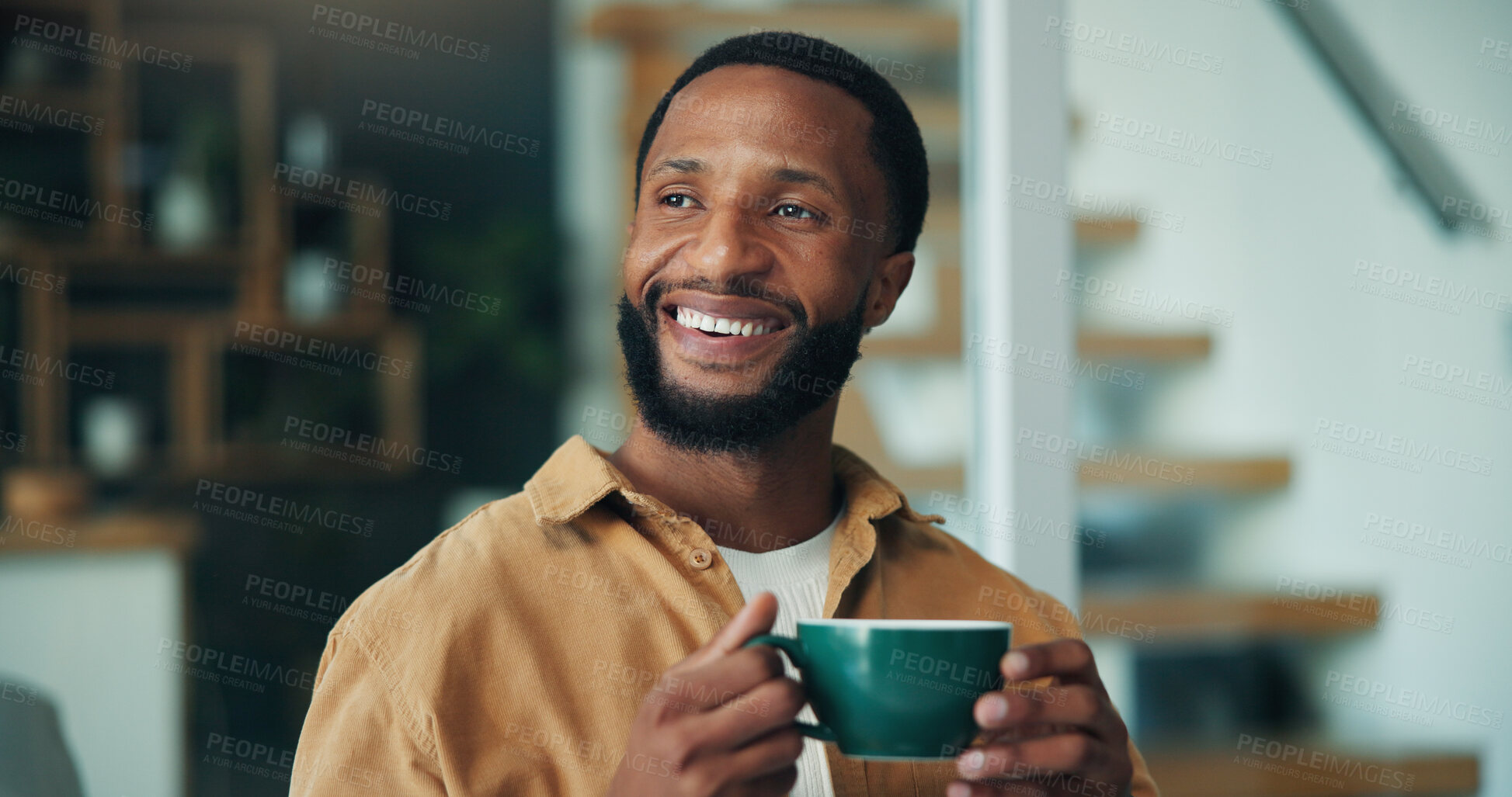 Buy stock photo Coffee, happy and black man in office with thinking for creative project with publishing. Smile, ideas and African male magazine editor with warm beverage with brainstorming for article assignment.