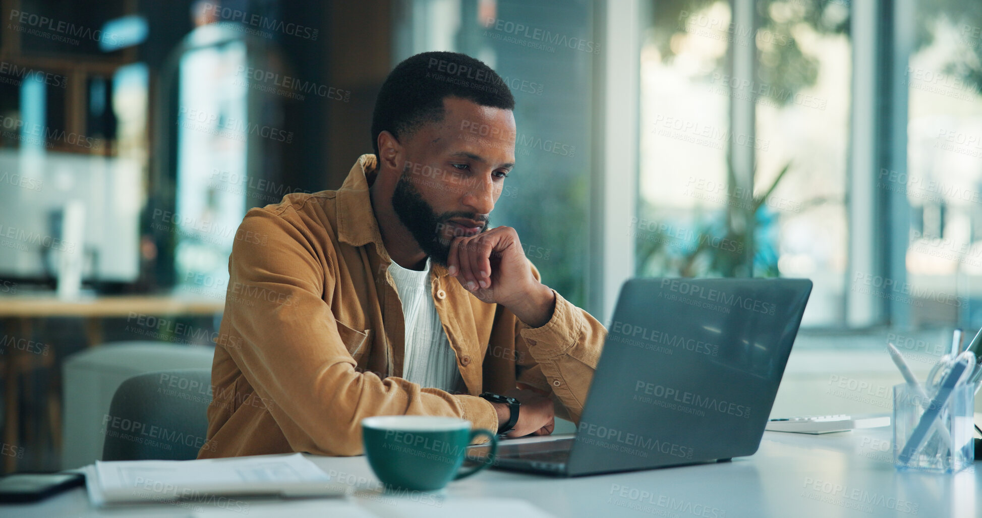 Buy stock photo Laptop, thinking and businessman in office with research for creative project online with ideas. Technology, planning and magazine editor with email for article with publishing feedback in workplace.