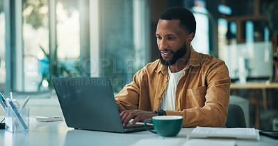 Buy stock photo Laptop, typing and businessman in office with research for creative project online with report. Technology, planning and magazine editor with email for article with publishing feedback in workplace.