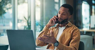 Buy stock photo Laptop, phone call and businessman in office with communication for creative project online. Technology, contact and male magazine editor with mobile discussion for article with publishing feedback.