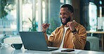 Laptop, fist pump and businessman in office with winning for approval of creative project online. Technology, celebration and male magazine editor with email for article with publishing feedback.