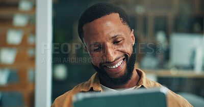 Buy stock photo Tablet, smile and black man in office with research for creative project with email for feedback. Happy, digital technology and African male magazine editor with article for publishing in workplace.