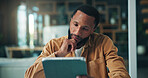 Tablet, thinking and black man in office with research for creative project with email for feedback. Ideas, technology and African male magazine editor with article for publishing in workplace.